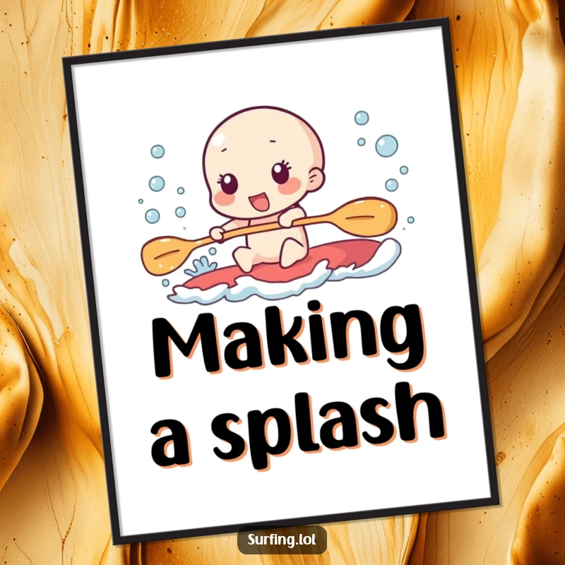 Funny poster showing a character paddling furiously, leaving a trail of excited bubbles, full of energy.