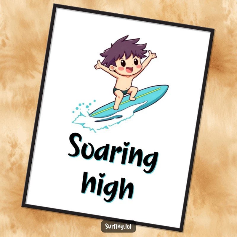 Funny poster of a surfer riding a surfboard with arms outstretched in exultation, bringing beach vibes indoors.