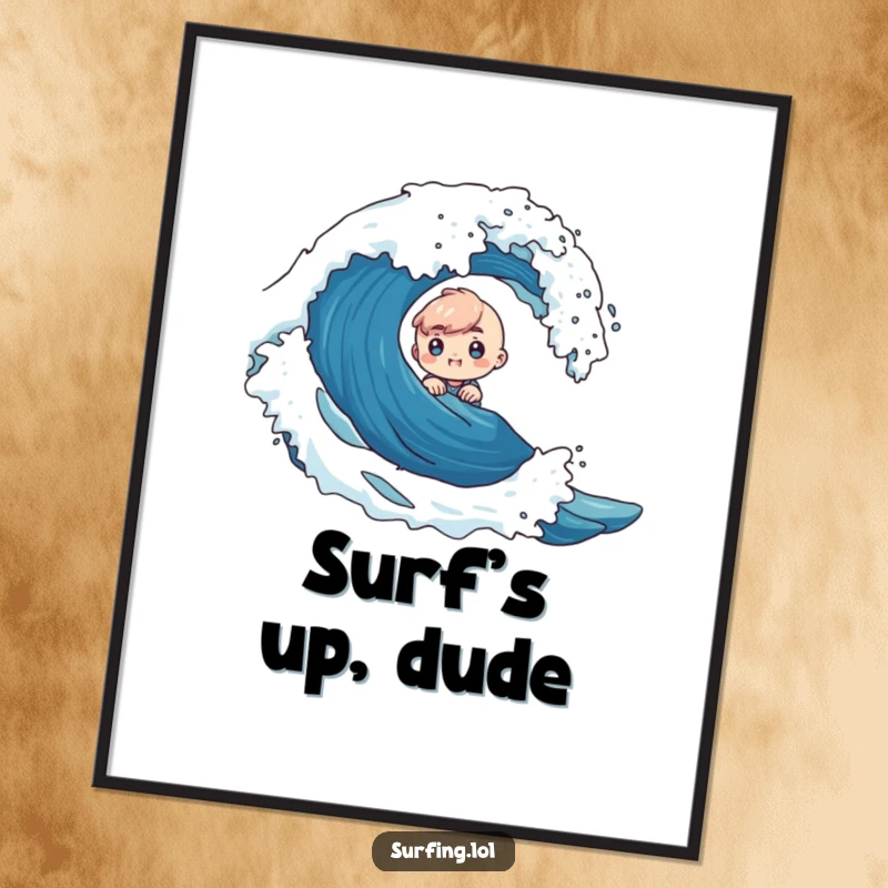 Funny poster of a tiny character peeking from behind a crashing wave with wide-eyed curious excitement, a whimsical ocean art piece.