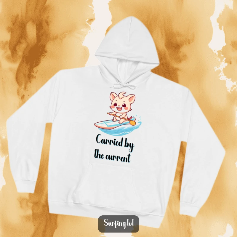 Funny hoodie showcasing a sweet creature confidently paddling a surfboard, its wide grin radiating infectious happiness.