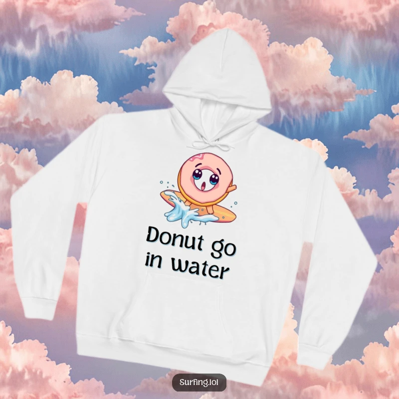 Funny hoodie featuring a surprised donut character falling off a surfboard with a splash, combining sweet treats and beach humor.