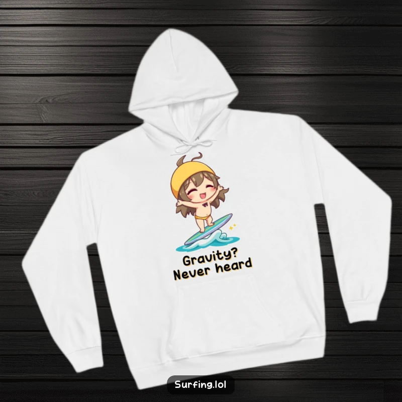 Funny Handstand Character Hoodie: Character winking and doing a handstand on a surfboard with playful balance, ideal funny gift.