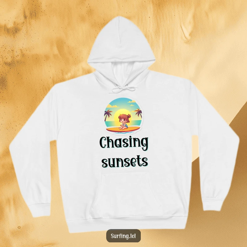 Funny hoodie with a character joyfully watching a beautiful ocean sunset from a surfboard, providing warmth and serene beach humor.