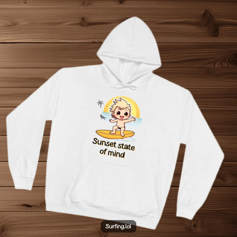 Funny hoodie with a character striking a laid-back pose on a surfboard, silhouetted against a stunning sunset, perfect for cool evenings.