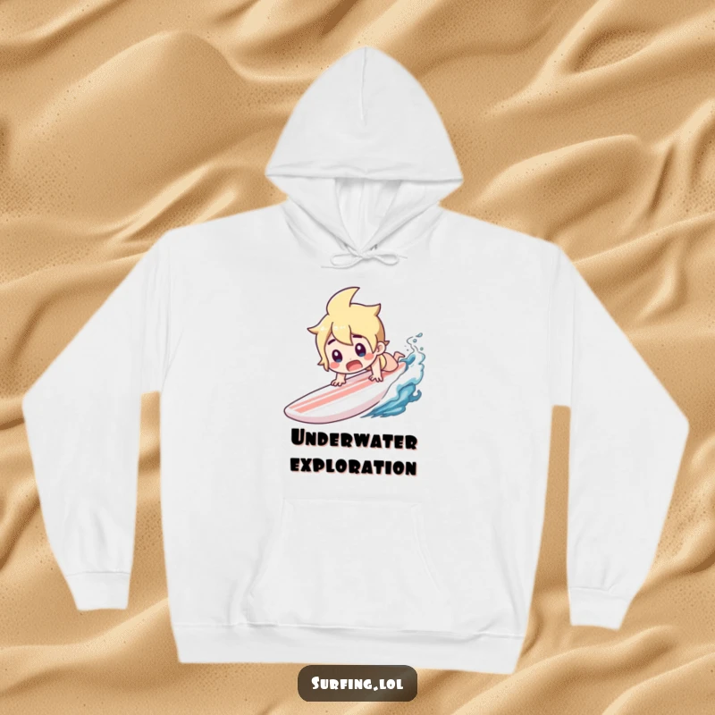 Funny hoodie showing a character in mid-dive off a surfboard with a surprised, gasping expression.