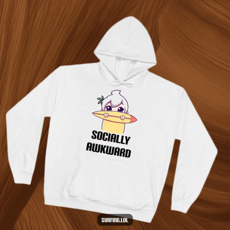 Funny hoodie: A character shyly peeking with wide eyes from behind a surfboard, capturing innocent curiosity and beach vibes.