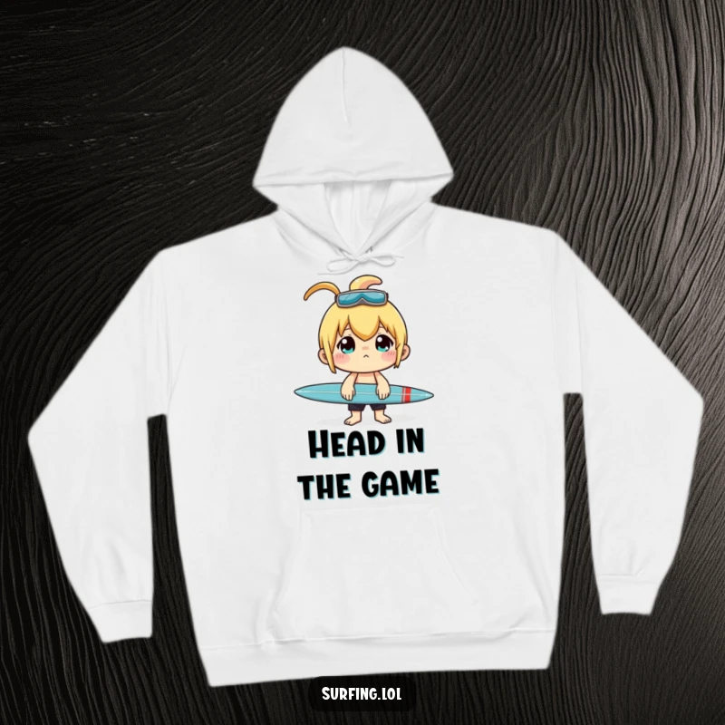 Funny hoodie of a character in deep concentration, balancing a surfboard perfectly on their nose.