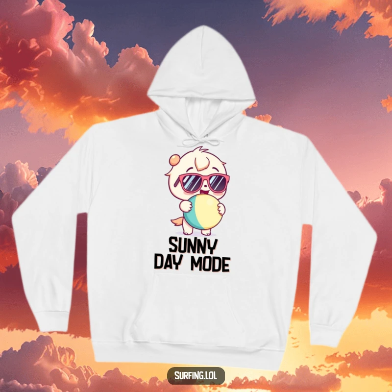 Funny hoodie showcasing a cute kawaii character in sunglasses, holding a beach ball with pure glee and excitement.