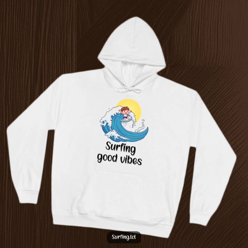 Funny hoodie depicting a cute character riding a huge, sunny wave with pure joy, offering warmth and funny adventure.