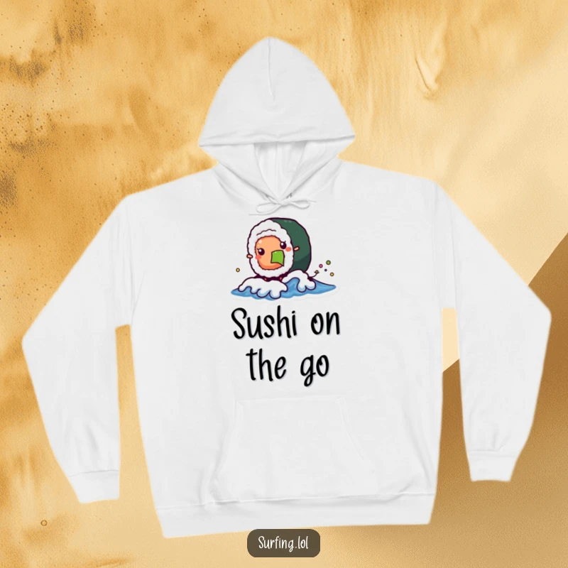 Funny hoodie featuring a wobbly sushi roll character catching a tiny wave, combining fun seafood themes and cozy style.