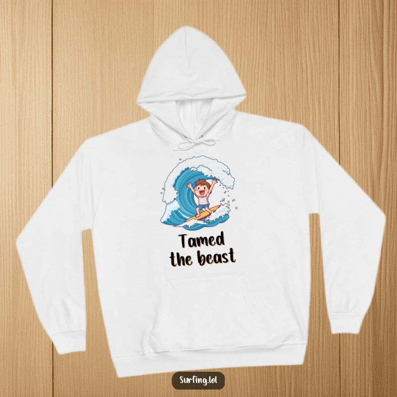 Funny hoodie showing a character triumphantly cheering after riding a colossal wave, exuding pure joy.