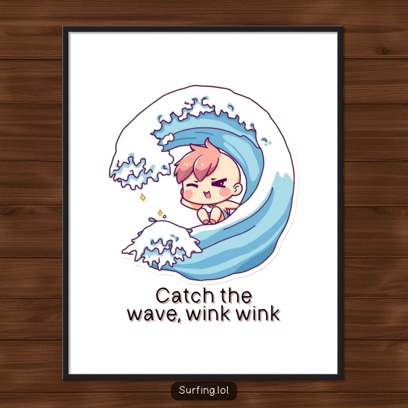 Funny Free Printable Wall Art: A character slides down a wave with a mischievous wink, embodying cool confidence, downloadable decor.