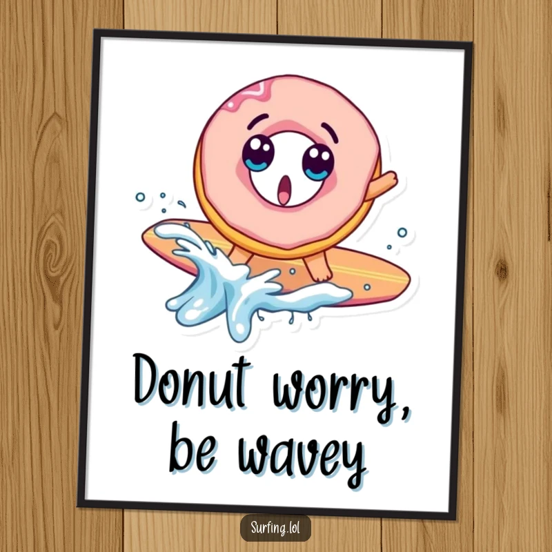 Funny Free Printable Wall Art: A surprised donut character falls off its surfboard with a big splash, creating a humorous scene.