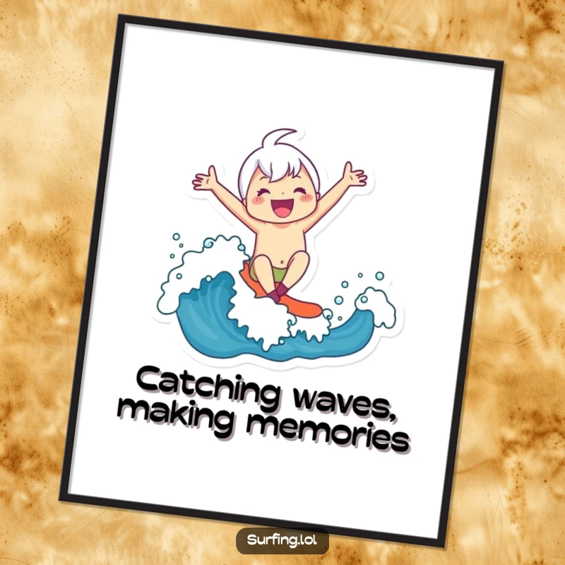 Funny Free Printable Wall Art: A cute character joyfully riding a massive wave, arms outstretched in pure bliss.