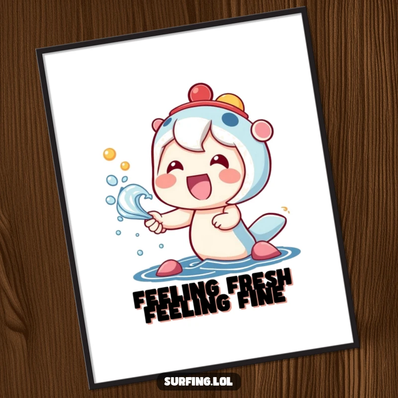 Funny Free Printable Wall Art: A kawaii character beams with a wide smile, joyfully catching a dynamic spray of colorful sea mist.