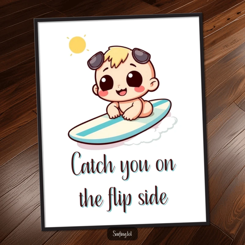 Funny Free Printable Wall Art: Character sunbathing on a surfboard, radiating pure joy and a relaxed beachy attitude.