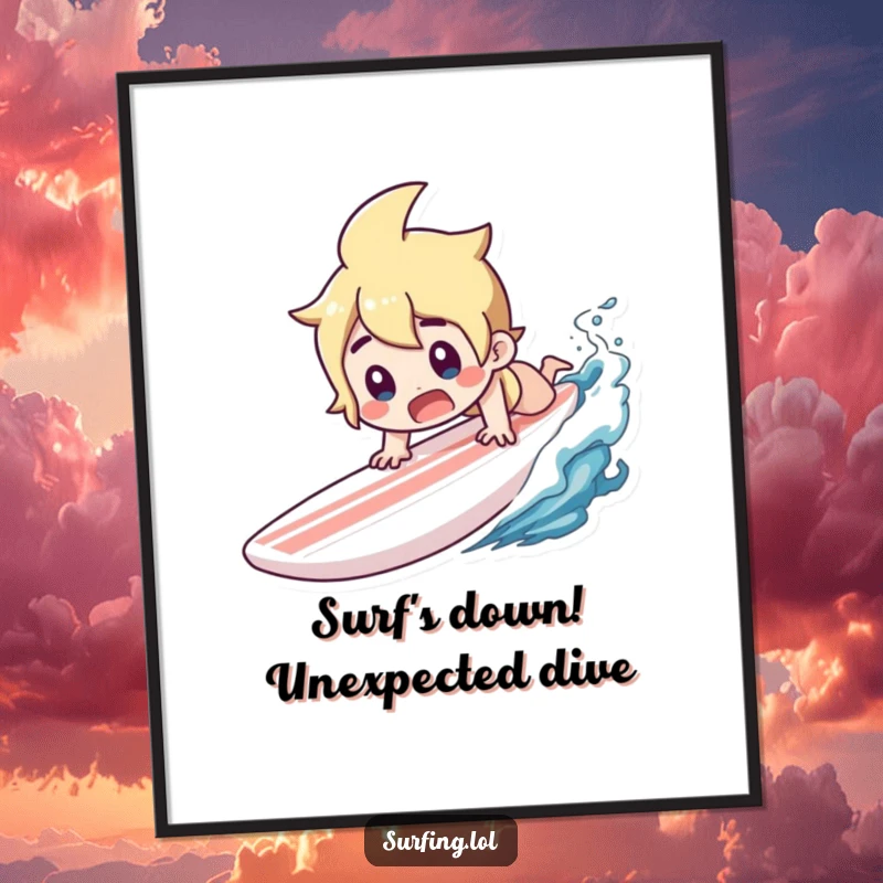 Funny Free Printable Wall Art: A character dives dramatically headfirst off a surfboard, mouth agape in a surprised gasp.
