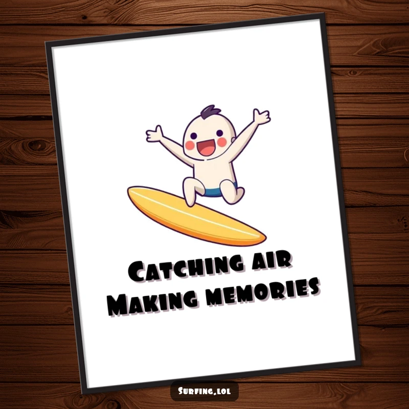 Funny Free Printable Wall Art: A tiny character with pure joy leaps dynamically off a surfboard in mid-air, full of exhilaration.