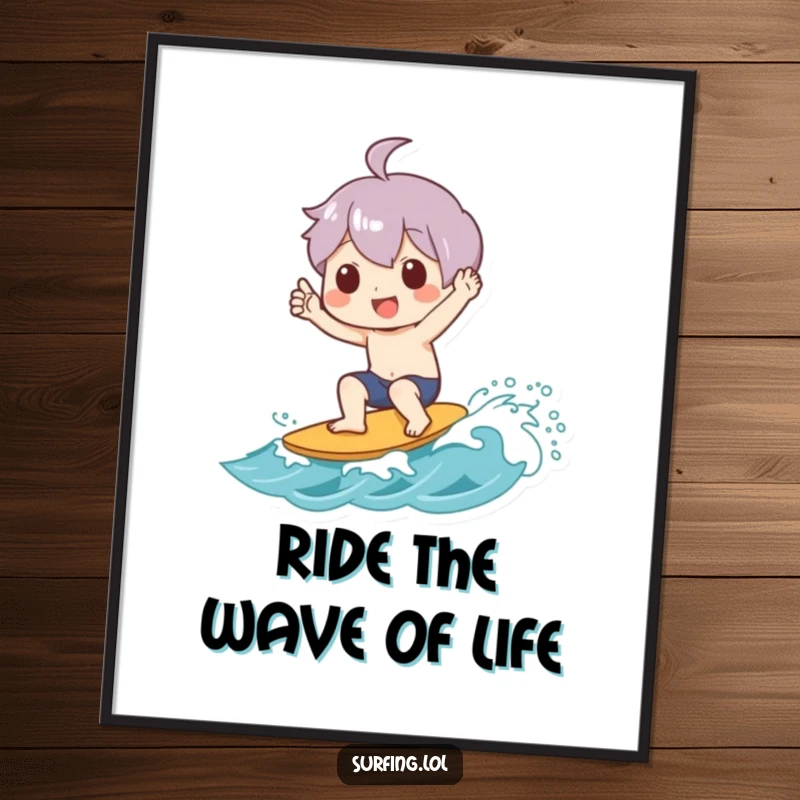 Free Printable Wall Art: Character joyfully giving a shaka sign while riding a small wave, capturing surfer's spirit.
