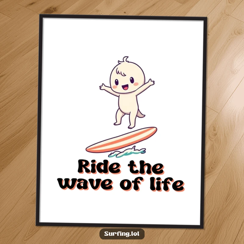 Funny Free Printable Wall Art: A cute character precariously balancing on a surfboard, arms spread wide, perfect for coastal decor.