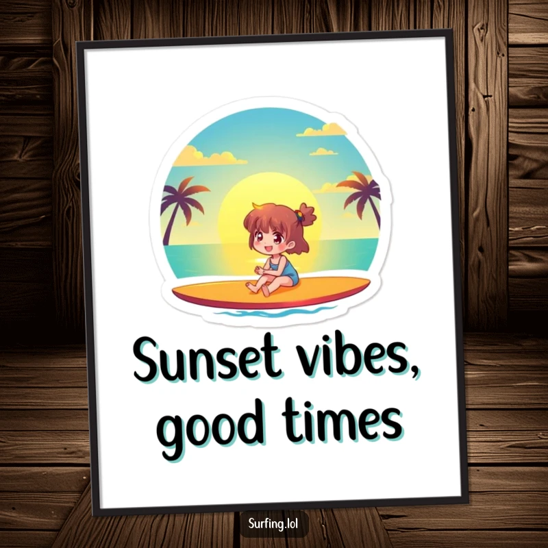 Funny Free Printable Wall Art: A character sits happily on a surfboard, basking in the beauty of a vibrant ocean sunset.