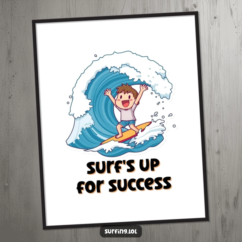 Funny Free Printable Wall Art: A surfer cheering wildly, arms raised in triumph after conquering a colossal ocean wave.