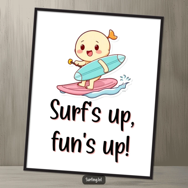 Funny Free Printable Wall Art: Cheerful character enthusiastically paddles a tiny surfboard, bringing humor to decor.