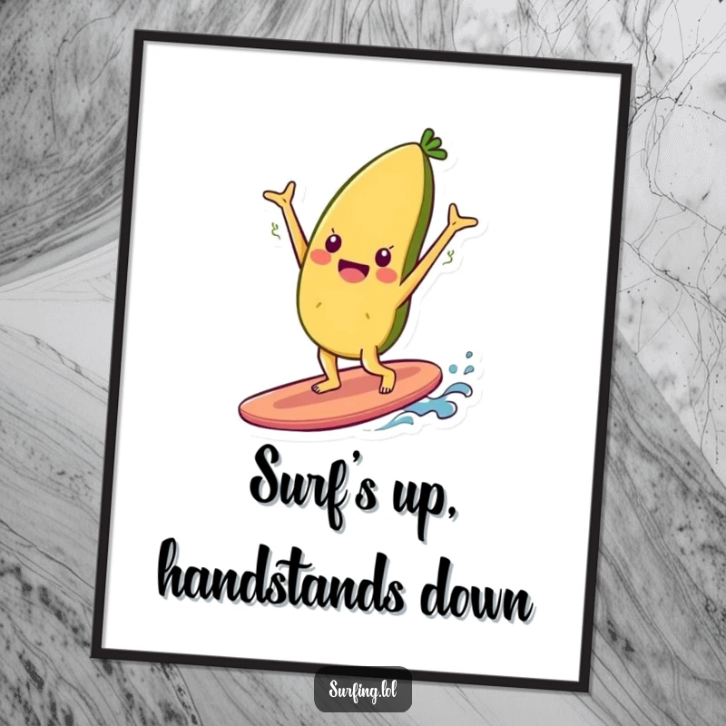 Funny Free Printable Wall Art: A cheerful food item character does a handstand on a surfboard, bringing beach vibes and laughs.