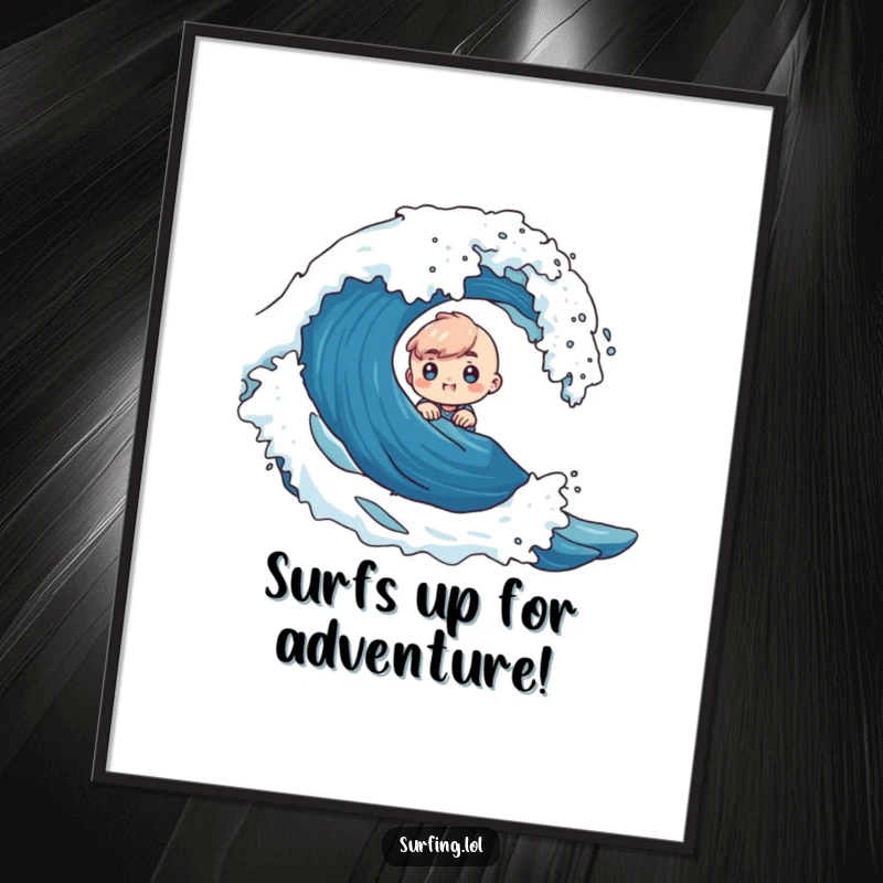 Funny free printable wall art of a tiny character curiously peeking from behind a large, crashing ocean wave.