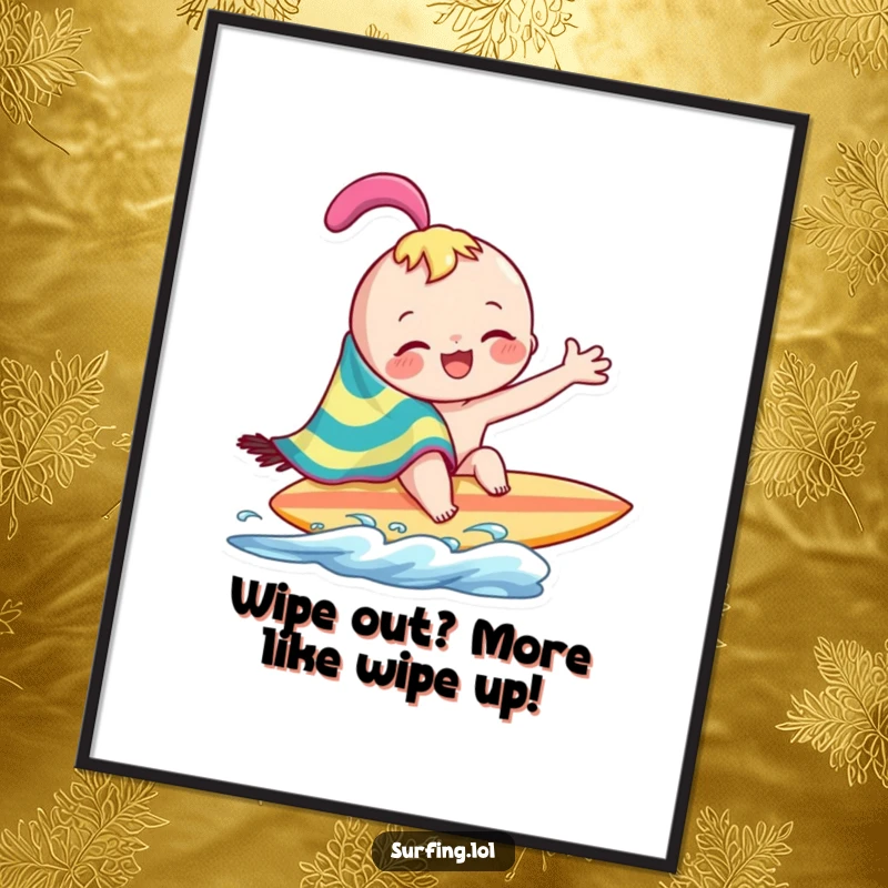 Funny Free Printable Wall Art: Joyful character playfully wipes surfboard with a colorful towel, embodying post-surf relaxation.