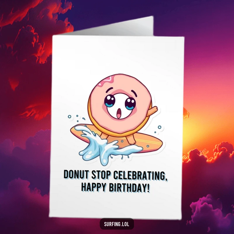 Funny Free Printable Happy Birthday card: A surprised donut character comically falls off its surfboard with a big splash.