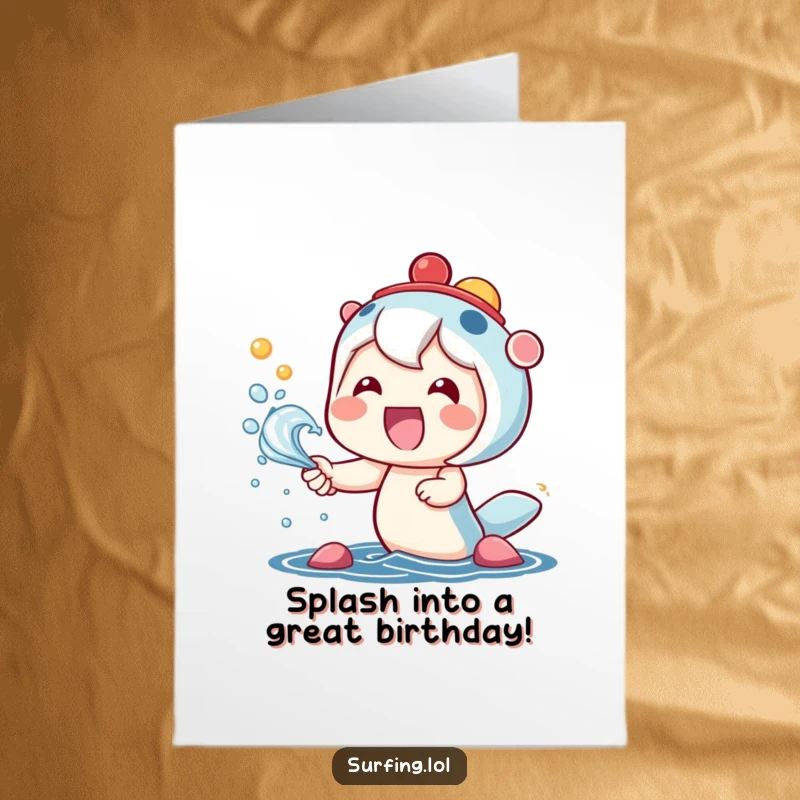 Funny Free Printable Birthday Card: A super cute kawaii character beaming with a smile, catching vibrant sea spray.
