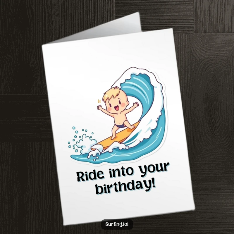 Funny Free Printable Birthday Card: Charming surfer doing a happy dance after catching a wave, a dynamic gift.