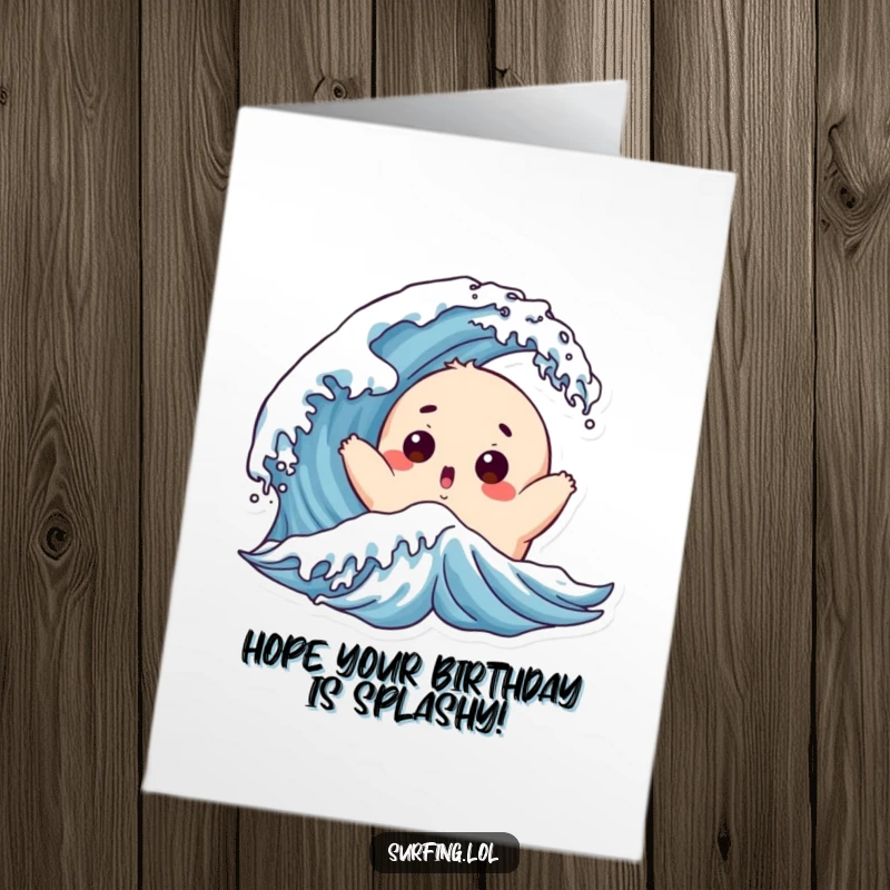 Funny Free Printable Birthday Card: Chubby character with surprised face tossed by a playful wave on their birthday.