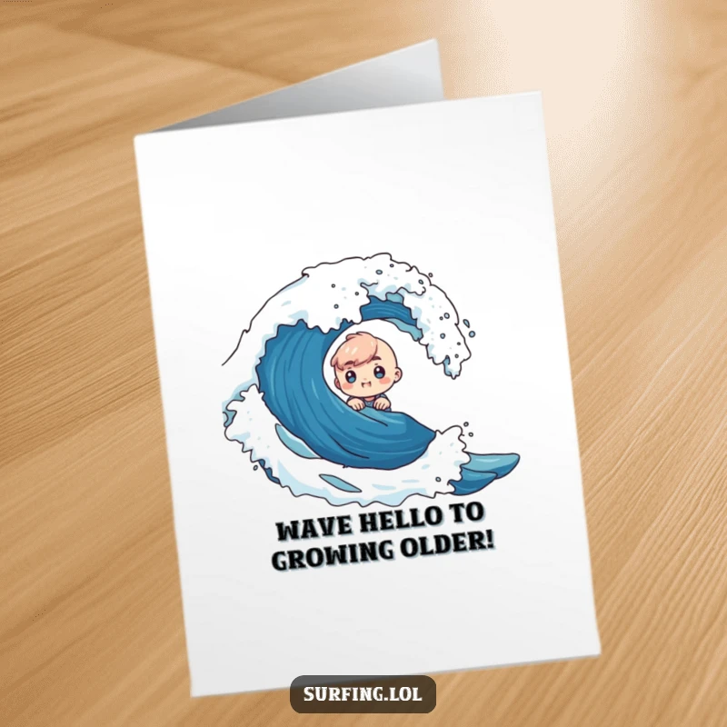 Funny free printable birthday card featuring a tiny character peeking curiously from behind a huge crashing wave.