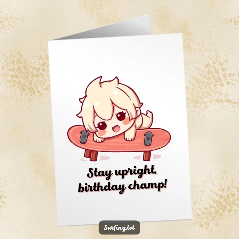 Funny Free Printable Birthday Card: A happy but startled character teeters precariously on a surfboard, about to take a tumble.