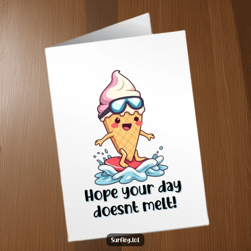 Funny Free Printable Birthday Card: Clumsy ice cream cone melting dramatically while falling off a surfboard. Oops!