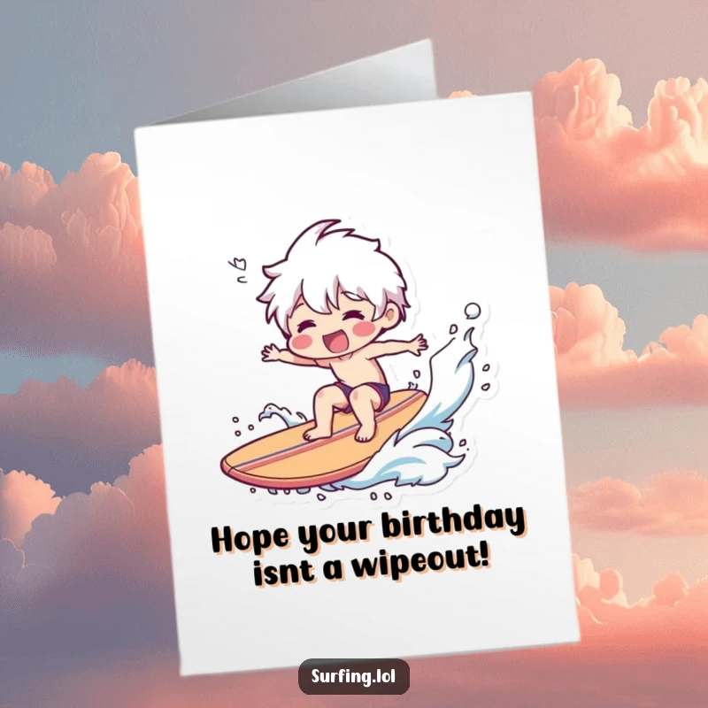 Funny Free Printable Birthday Card: Character hilariously wiping out on a surfboard with a big cheesy grin.