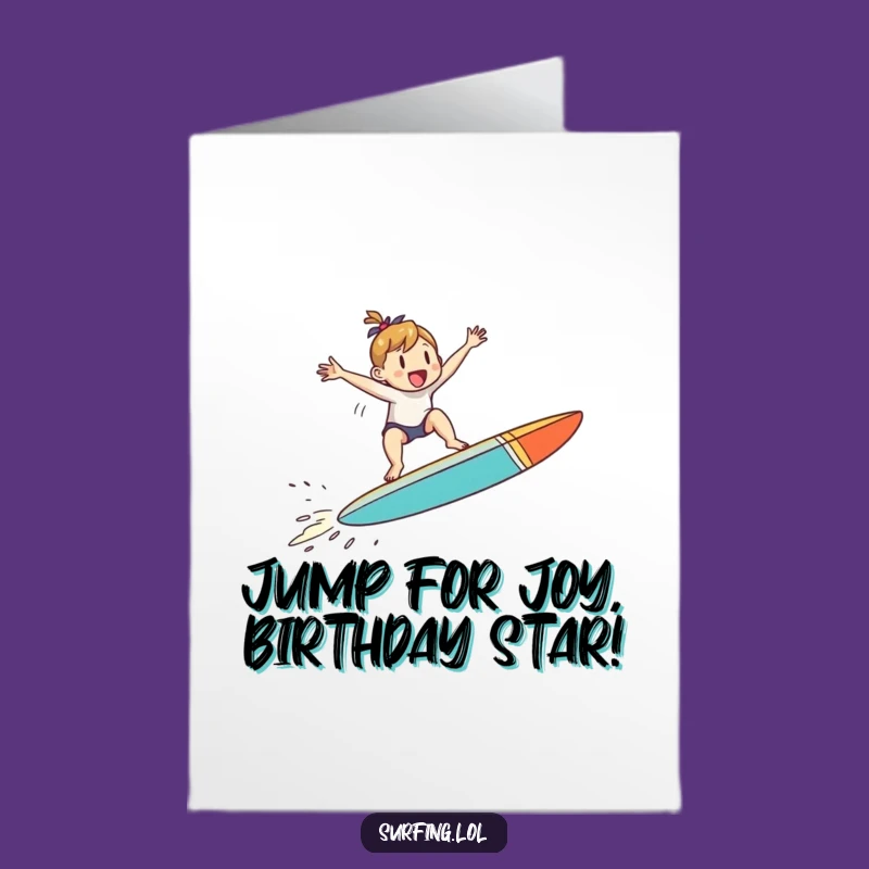 Free Printable Birthday Card: Jumping Surfer Joy Funny Downloadable Greeting Card
