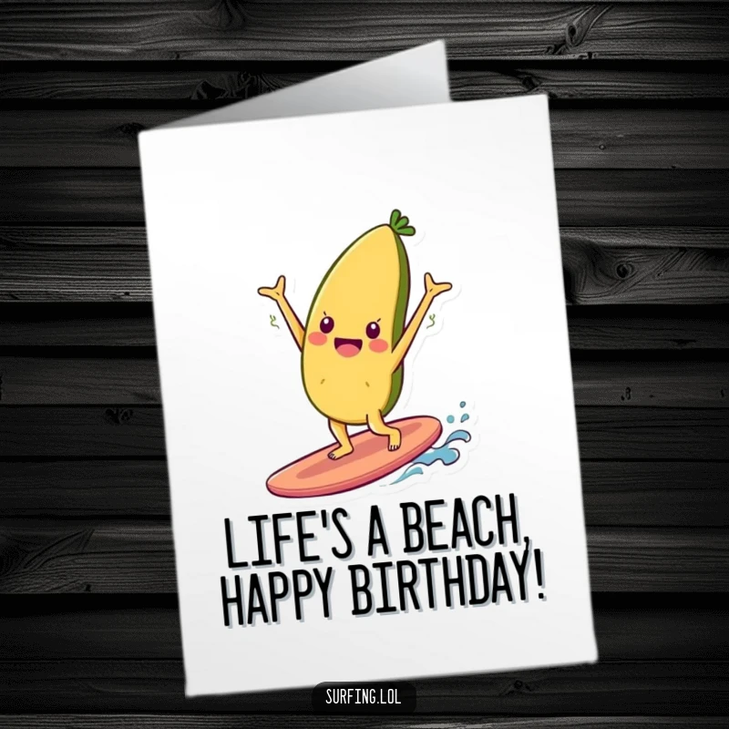 Funny Free Printable Happy Birthday card: A cheerful food item character masterfully does a handstand on a surfboard, celebrating.