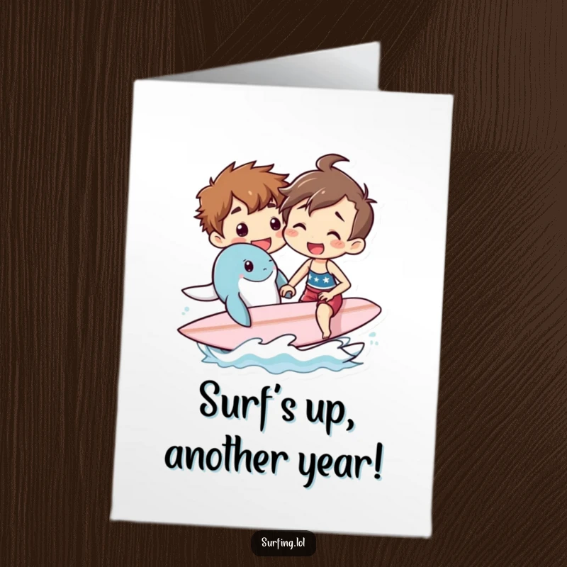 Funny Free Printable Birthday Card: A surfer cheerfully teaches a friendly sea creature how to surf, sharing a fantastic lesson.