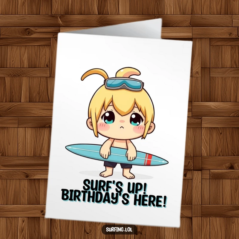 Funny Free Printable Birthday Card: Character intensely balances a surfboard on their nose, a moment of extreme focus.
