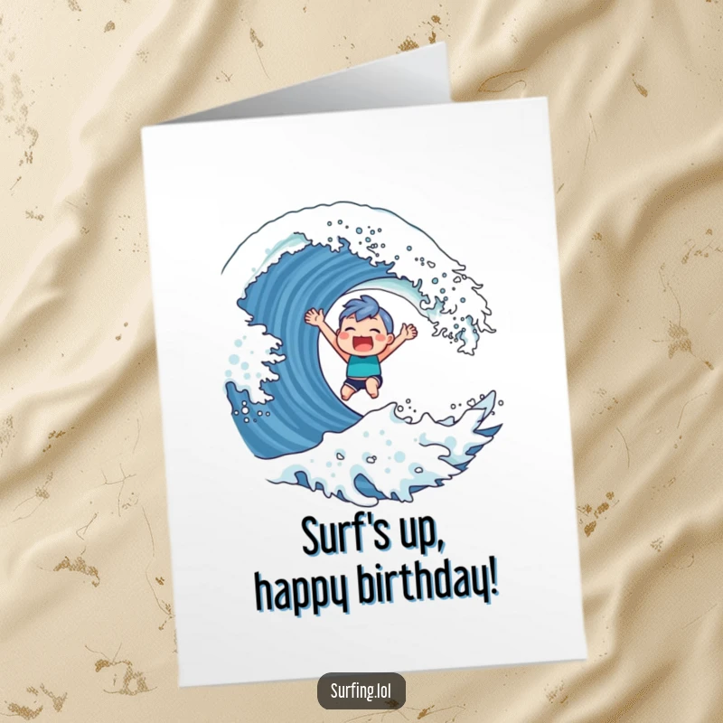 Funny Free Printable Birthday Card featuring a cute character triumphantly riding a giant wave on a surfboard with a huge grinning smile.
