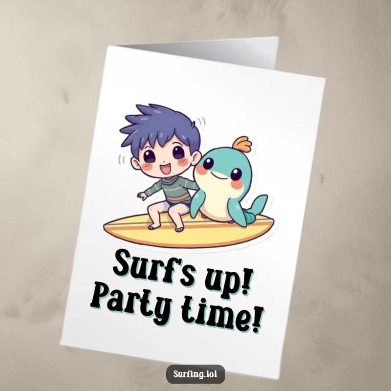 Funny Free Printable Birthday Card: Character and sea creature sharing a surfboard, beaming with joy, perfect for a sunny celebration.