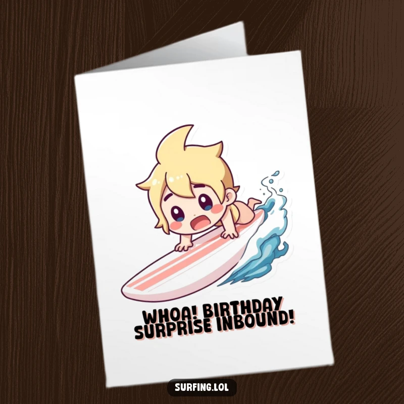 Funny Free Printable Birthday Card: Character dives headfirst off a surfboard, mouth open in a surprised gasp.