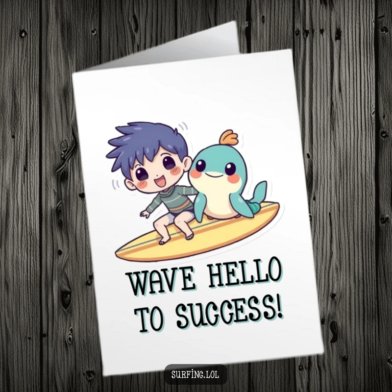 Funny Free Printable Congrats Card: Two pals happily sharing a surfboard, celebrating success with a sunny, cheerful vibe.