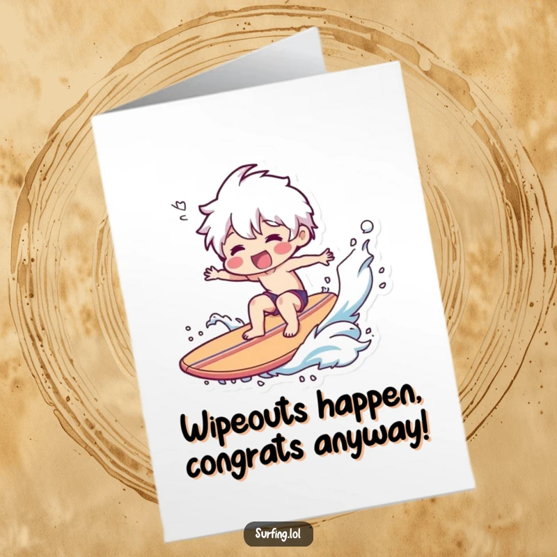 Funny Free Printable Congratulations Card: Character taking a spectacular wipeout on a surfboard, smiling through the chaos.