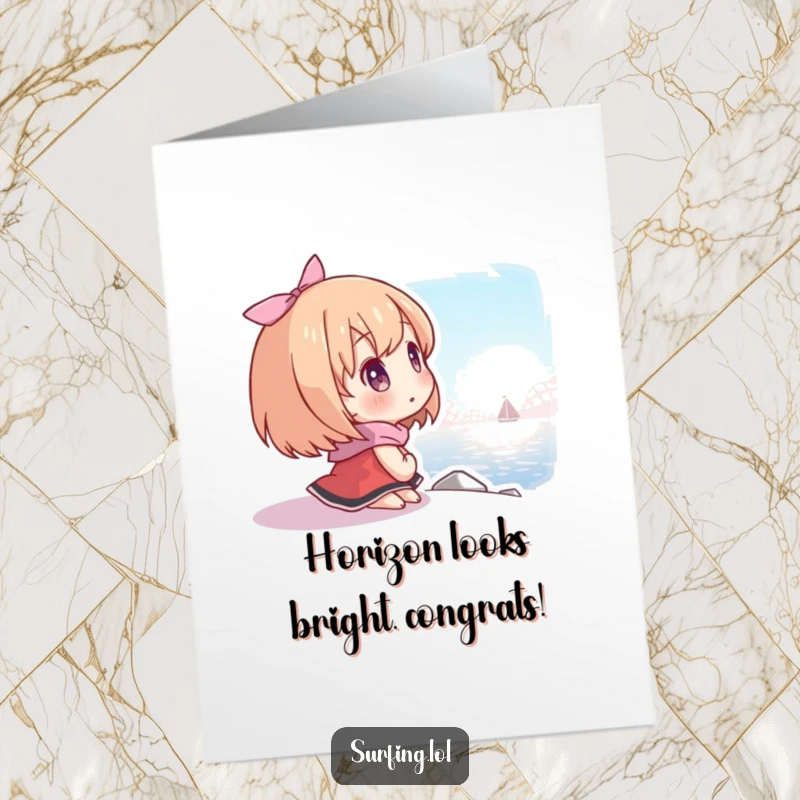 Funny Free Printable Congratulations Card: Character looking hopefully at a distant shore, representing the start of an exciting new chapter.