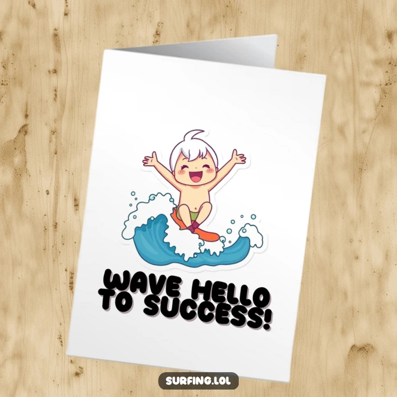 Funny Free Printable Congratulations Card: Cute character exulting while riding a wave, arms up in celebration.