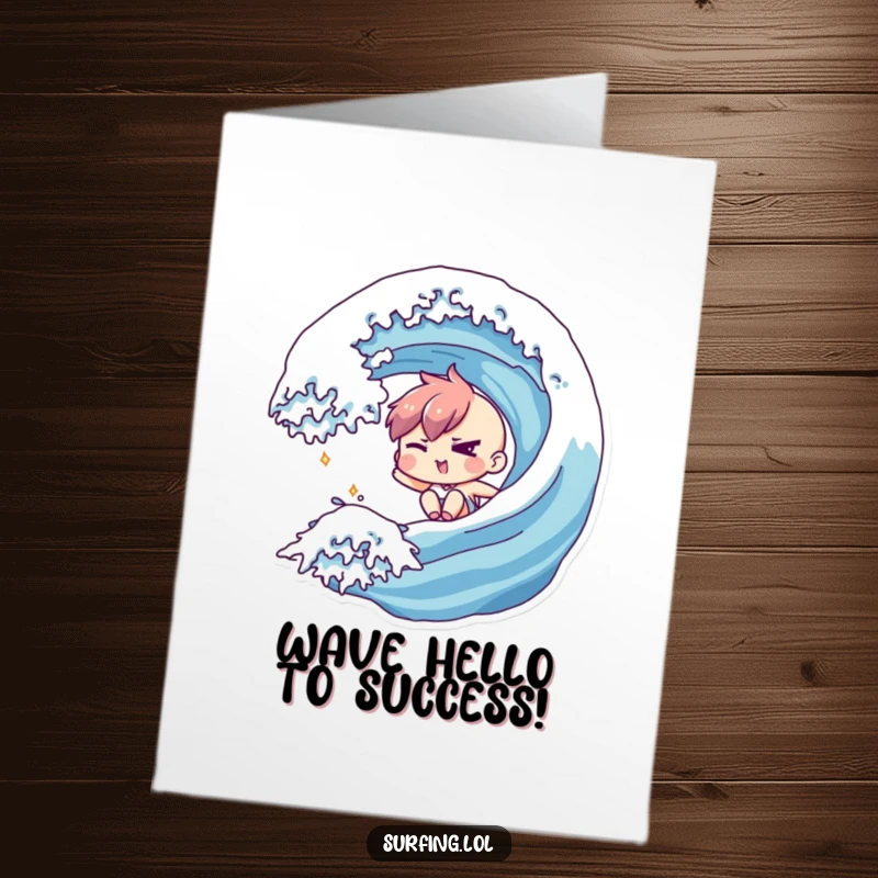 Funny Free Printable Congrats Card: Character winking slyly while skillfully sliding down a wave, celebrating success, downloadable.
